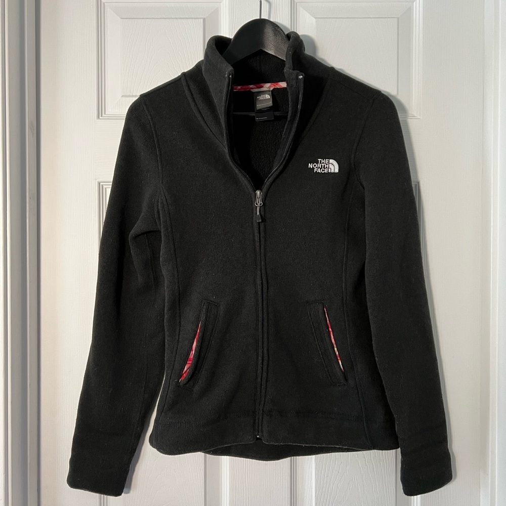 North Face Fleece Jacket | Black with pink plaid details | Size XS